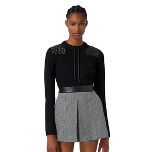 The Kooples Black Knit Quilted LeatherShoulder Patch Cropped Sweater sz 3/Large